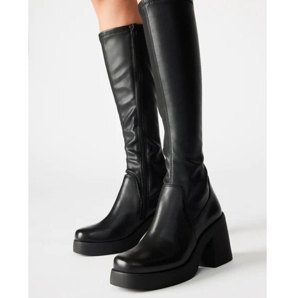 NIB Steve Madden Henrik Soft Black Leather Platform Gogo Chunky Boot Sz. 10 - Picture 1 of 9